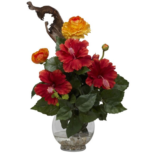 Hibiscus Ranunculus w/Fluted Bowl Silk Flower Arrangement - SKU #1287