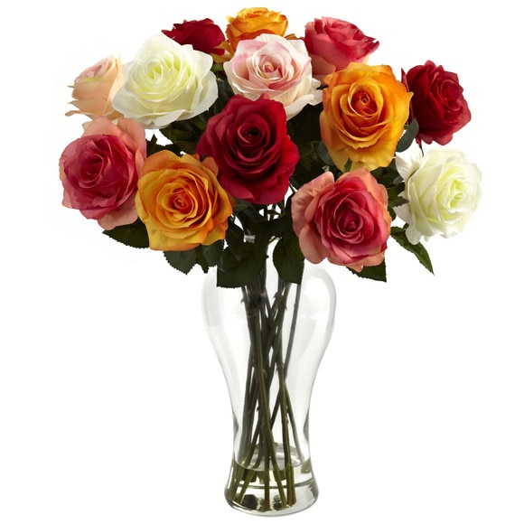 Assorted Blooming Roses w/Vase - SKU #1348