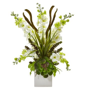Delphinium and Succulent Arrangement - SKU #1446-WH
