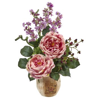 Large Rose and Dancing Daisy in Wooden Pot - SKU #1447-PK