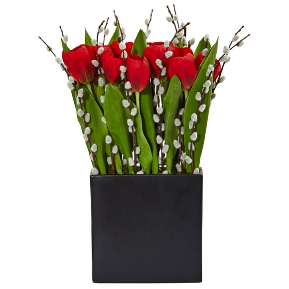 Tulips and Willow in Black Square Vase - SKU #1508