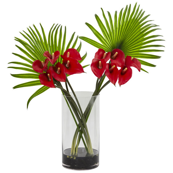 Calla Lily and Fan Palm Artificial Arrangement in Cylinder Glass - SKU #1524