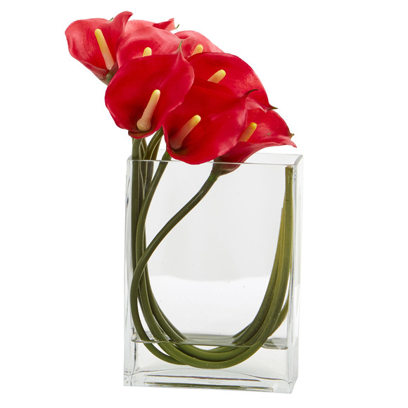12 Calla Lily in Rectangular Glass Vase Artificial Arrangement - SKU #1533