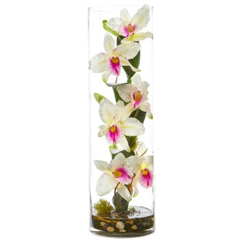 20 Cattleya Orchid Artificial Floral Arrangement in Cylinder Vase - SKU #1540-WH