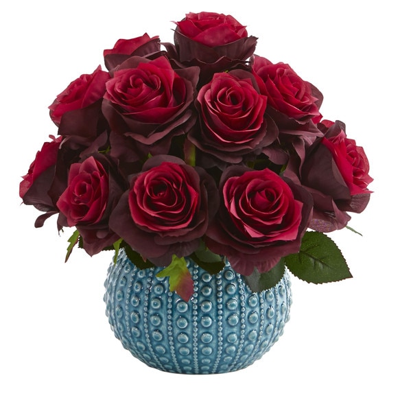 11.5 Rose Artificial Arrangement in Blue Ceramic Vase - SKU #1542-WH - 3