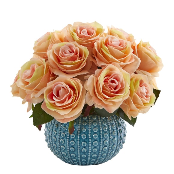 11.5 Rose Artificial Arrangement in Blue Ceramic Vase - SKU #1542-WH - 4