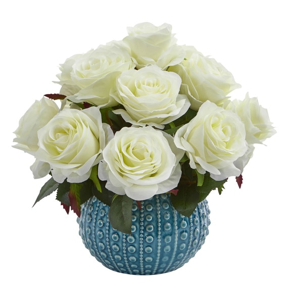 11.5 Rose Artificial Arrangement in Blue Ceramic Vase - SKU #1542-WH - 1