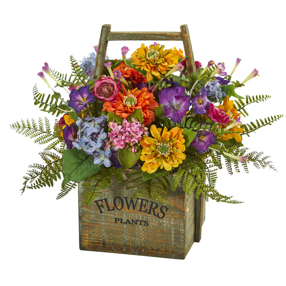 Mixed Floral Artificial Arrangement in Wood Basket - SKU #1548
