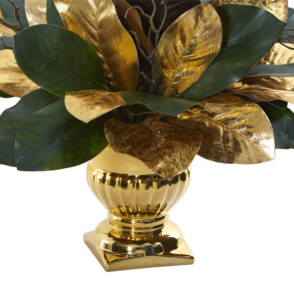 18 Magnolia Leaf Artificial Arrangement in Gold Planter - SKU #1557 - 1