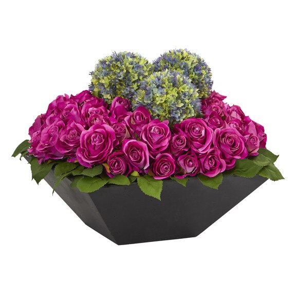 Roses and Ball Flowers Artificial Arrangement in Black Vase - SKU #1560-PP - 1