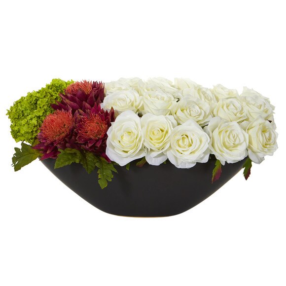 Rose Tropical Flower and Hydrangea Artificial Arrangement in Black Vase - SKU #1561-WO