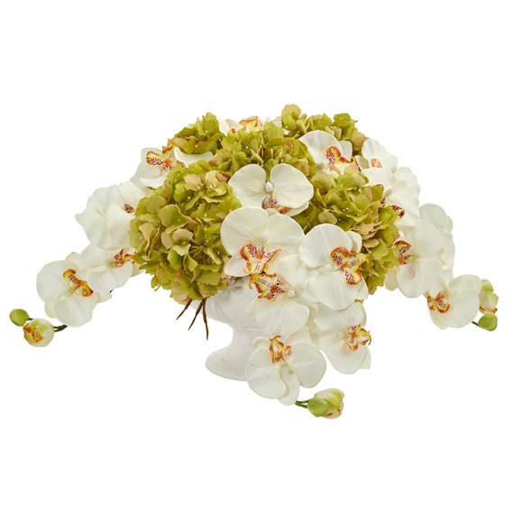 Phaleanopsis and Hydrangea Artificial Arrangement in Pedestal Urn - SKU #1562-OR - 2