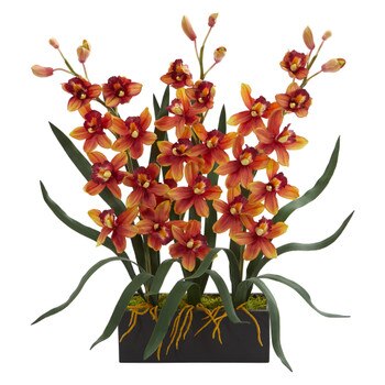Cymbidium Orchid Artificial Arrangement in Black Vase - SKU #1564-BG