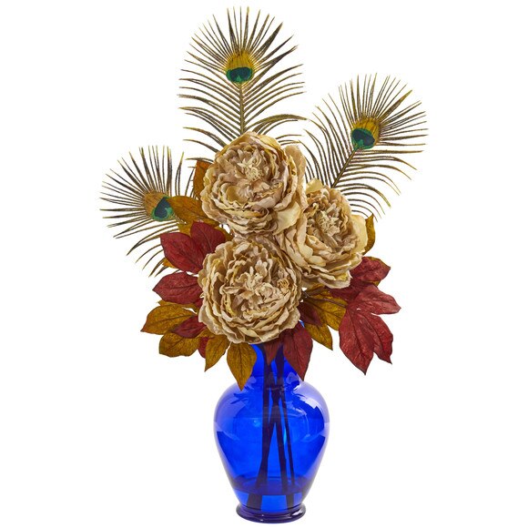 Peony in Blue Vase Artificial Arrangement - SKU #1565 - 1