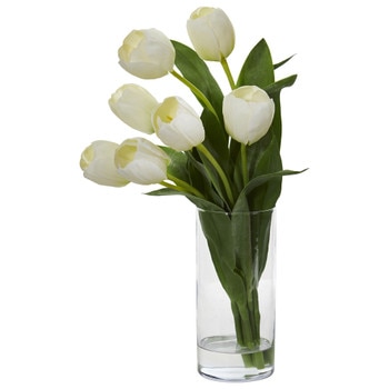 Tulip Artificial Arrangement in Cylinder Vase - SKU #1574-WH