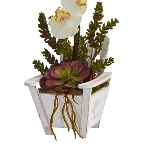 Phalaenopsis Orchid Succulent Artificial Arrangement in Chair Planter - SKU #1584 - 11