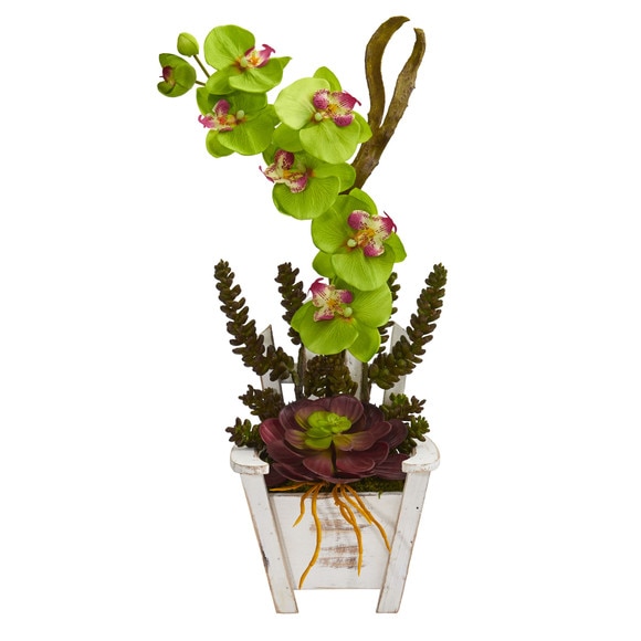 Phalaenopsis Orchid Succulent Artificial Arrangement in Chair Planter - SKU #1584 - 14