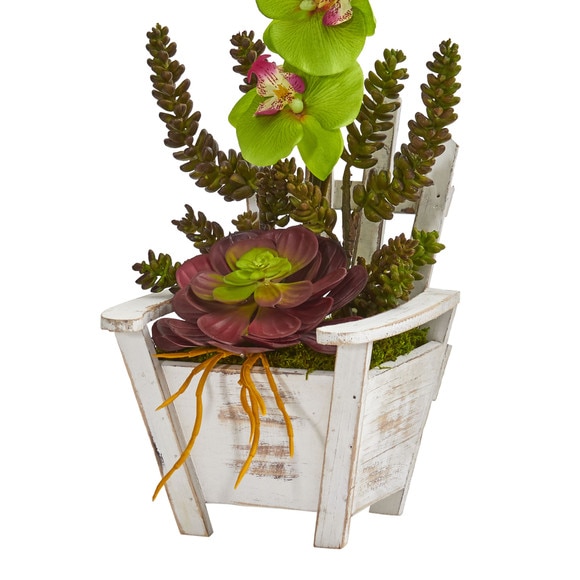 Phalaenopsis Orchid Succulent Artificial Arrangement in Chair Planter - SKU #1584 - 15