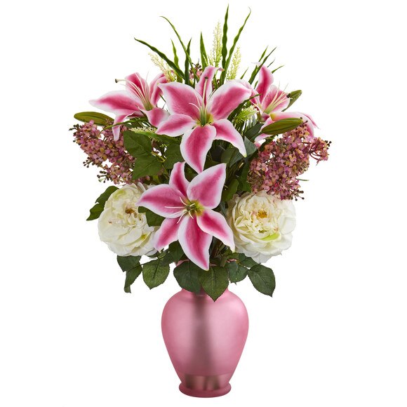 Mixed Flowers Artificial Arrangement in Rose Vase - SKU #1595