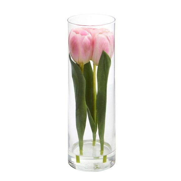 Tulips Artificial Arrangement in Glass Vase - SKU #1596-PK - 1