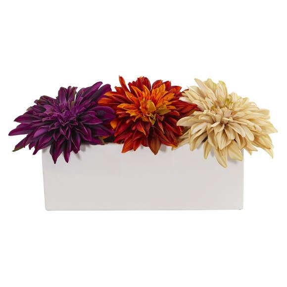 Dahlia Artificial Arrangement in White Planter - SKU #1598-CR - 2