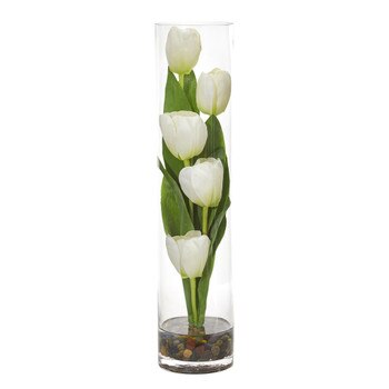 Tulips Artificial Arrangement in Cylinder Vase - SKU #1612-WH