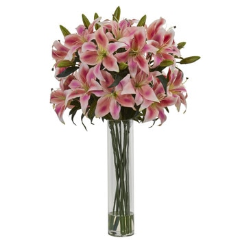 Rubrum Lily Artificial Arrangement in Cylinder Vase - SKU #1616-PK