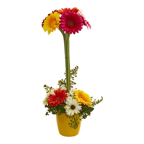 Gerber Daisy Artificial Arrangement in Ceramic Vase - SKU #1628-BU - 5