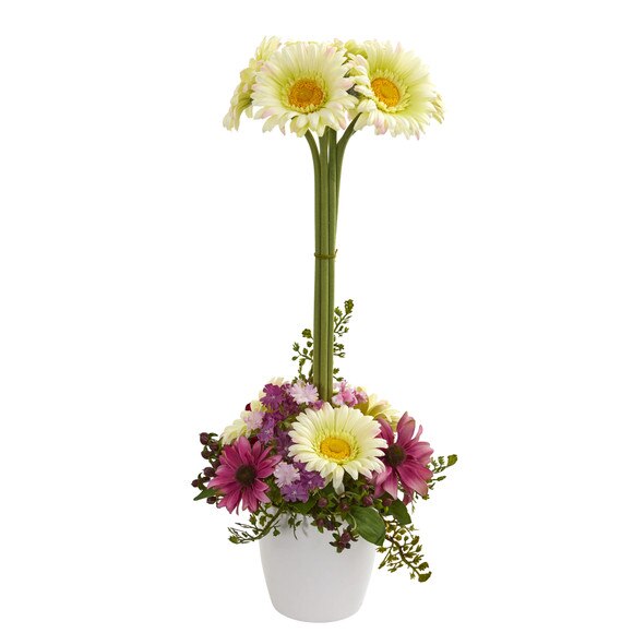 Gerber Daisy Artificial Arrangement in Ceramic Vase - SKU #1628-BU - 6