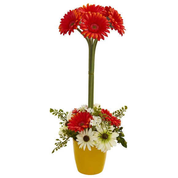 Gerber Daisy Artificial Arrangement in Ceramic Vase - SKU #1628-BU - 7