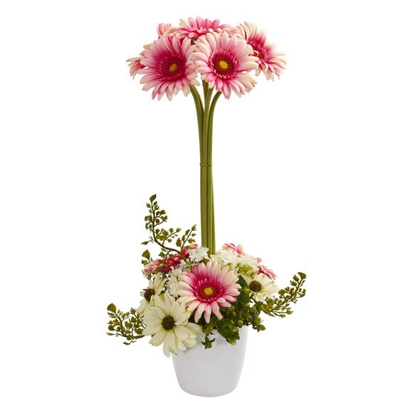 Gerber Daisy Artificial Arrangement in Ceramic Vase - SKU #1628-BU - 3