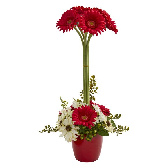 Gerber Daisy Artificial Arrangement in Ceramic Vase - SKU #1628-BU - 2