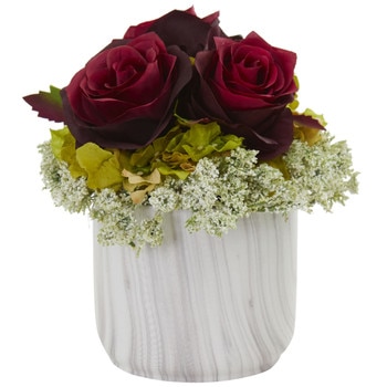 Rose and Hydrangea Artificial Arrangement in Marble Finished Vase - SKU #1629-RD