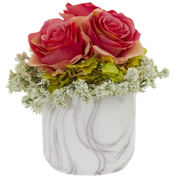 Rose and Hydrangea Artificial Arrangement in Marble Finished Vase - SKU #1629-RD - 2