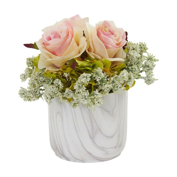 Rose and Hydrangea Artificial Arrangement in Marble Finished Vase - SKU #1629-RD - 3