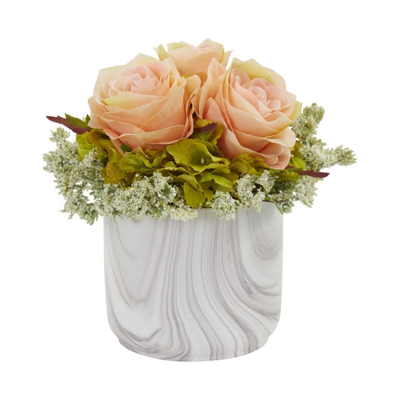 Rose and Hydrangea Artificial Arrangement in Marble Finished Vase - SKU #1629-RD - 6