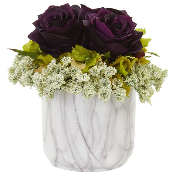 Rose and Hydrangea Artificial Arrangement in Marble Finished Vase - SKU #1629-RD - 7