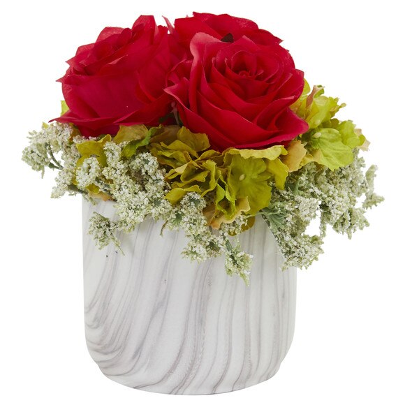 Rose and Hydrangea Artificial Arrangement in Marble Finished Vase - SKU #1629-RD - 1