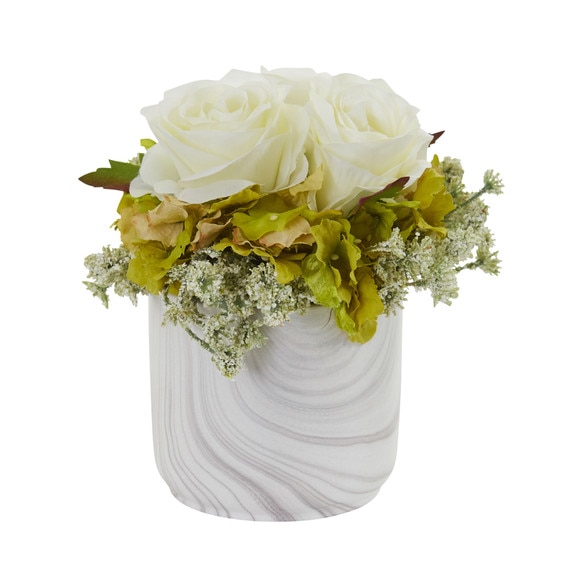 Rose and Hydrangea Artificial Arrangement in Marble Finished Vase - SKU #1629-RD - 4