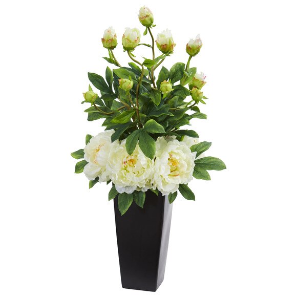 Peony Artificial Arrangement in Black Vase - SKU #1633-WH - 1