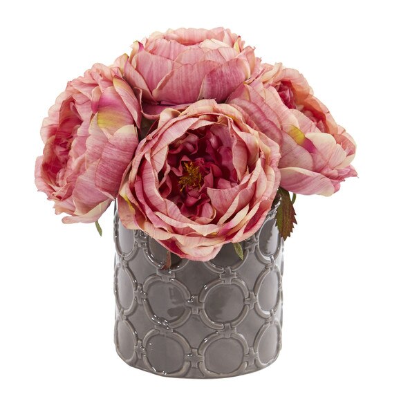 Large Rose Artificial Arrangement in Gray Vase - SKU #1637-RD - 1