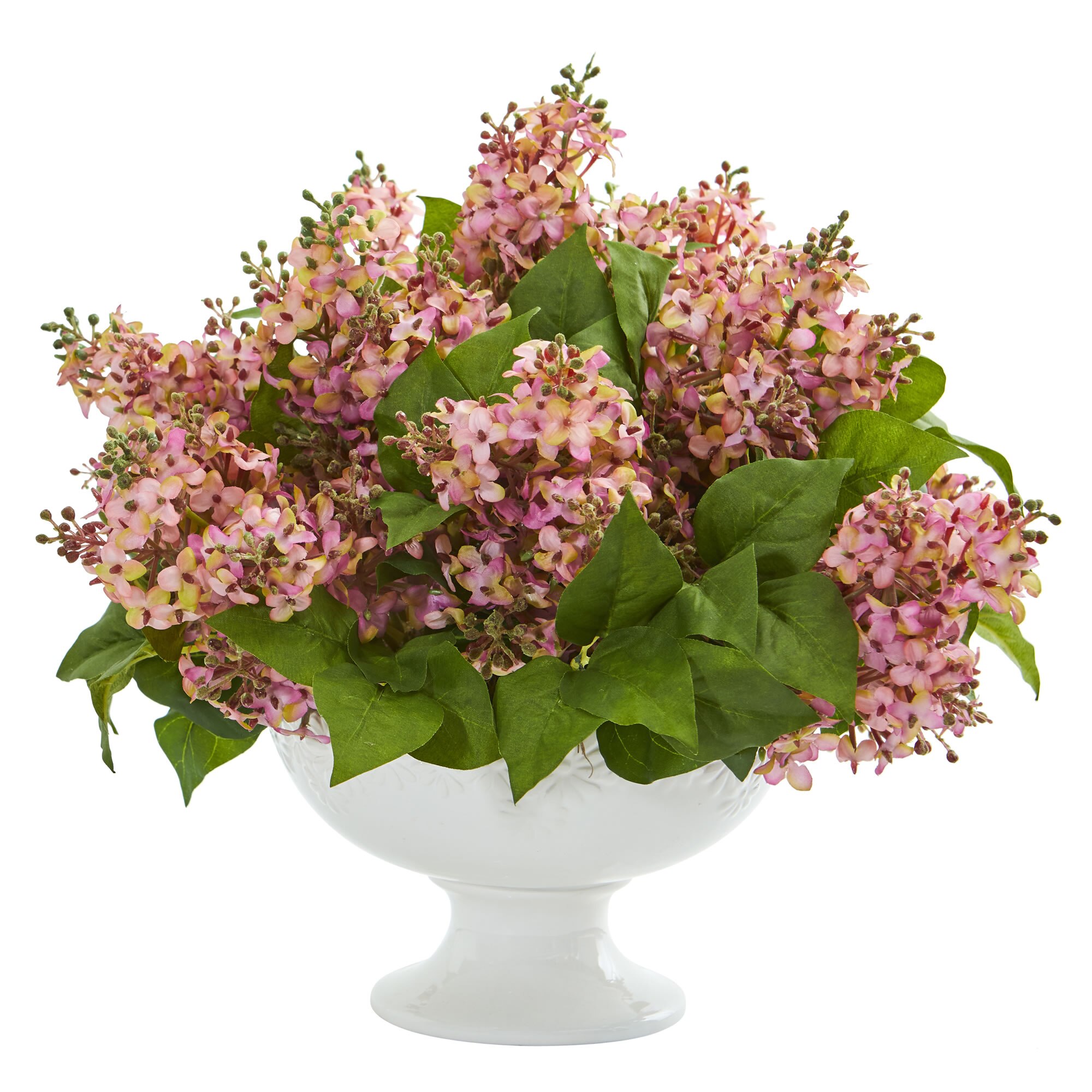 Artificial 14" Lilac Flowers Floral Arrangement in White Pedestal