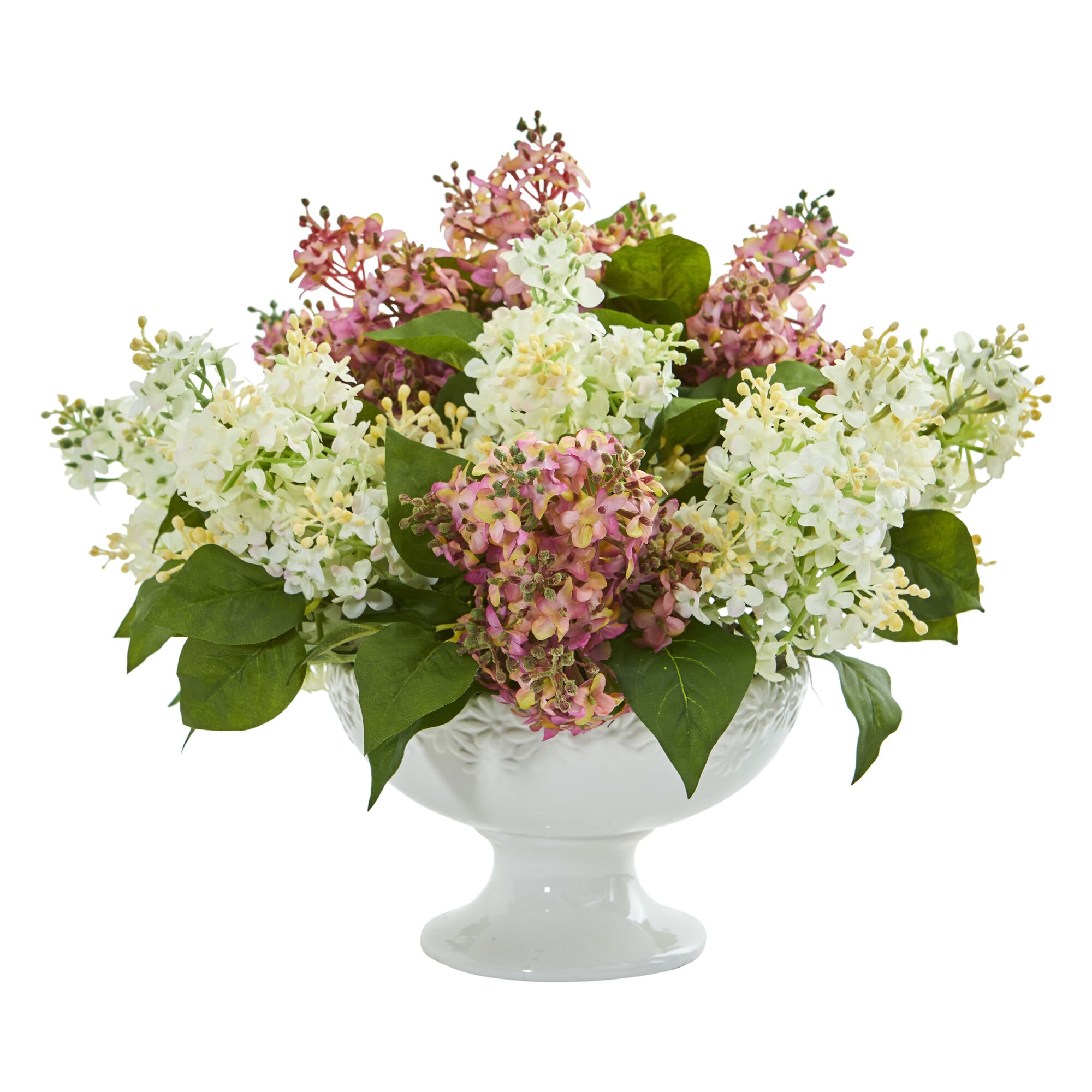 Artificial 14" Lilac Flowers Floral Arrangement in White Pedestal