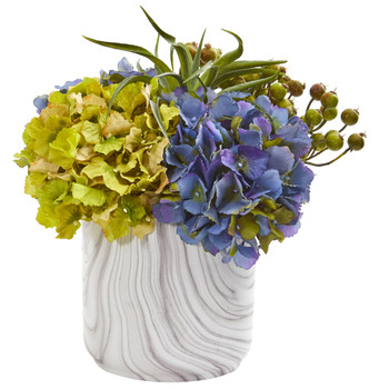 Hydrangea and Berries Artificial Arrangement in Marble Finished Vase - SKU #1643