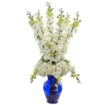 Delphinium and Hydrangea Artificial Arrangement in Blue Vase - SKU #1657