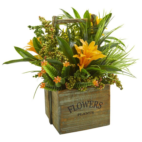 Bromeliad Mixed Greens Artificial Arrangement in Planter - SKU #1670-YL