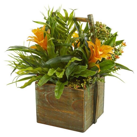 Bromeliad Mixed Greens Artificial Arrangement in Planter - SKU #1670-YL - 1