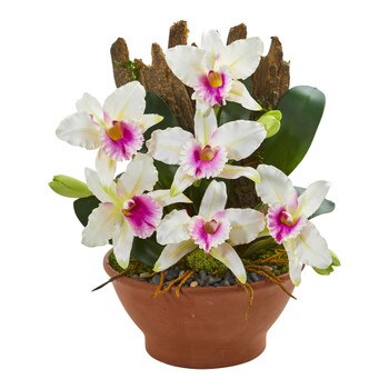 Cattleya Orchid Artificial Arrangement in Clay Vase - SKU #1673-WH