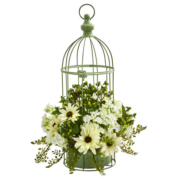 Daisy Artificial Arrangement in Decorative Bird Cage - SKU #1695 - 1