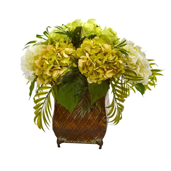 Roses and Hydrangea Artificial Arrangement in Metal Planter - SKU #1701 - 3